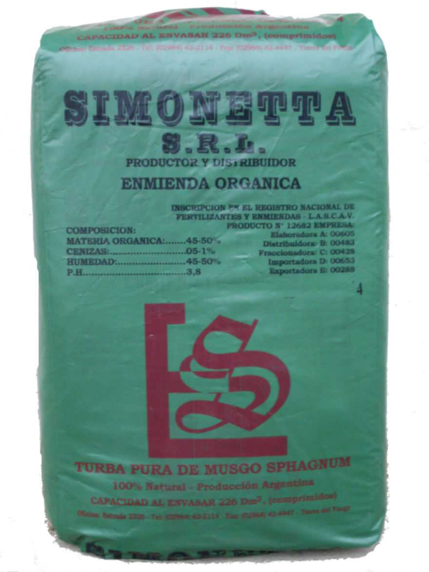 Bolsa verde de turba Simonetta S.R.L. con el logo LS: turba pura de musgo Sphagnum, 100% natural, producción argentina