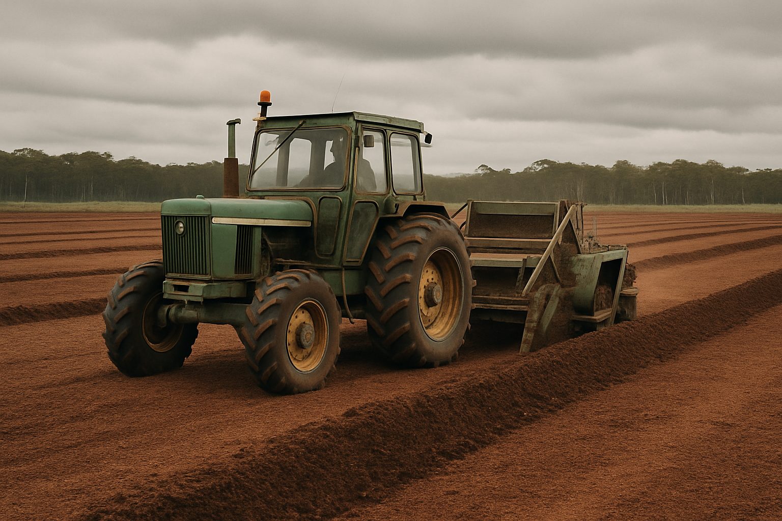 Tractor cosechando turba en el campo