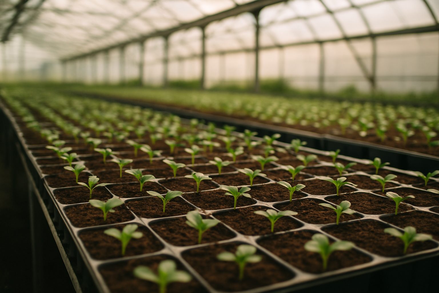 Bandejas de plantines con sustrato de turba en un vivero